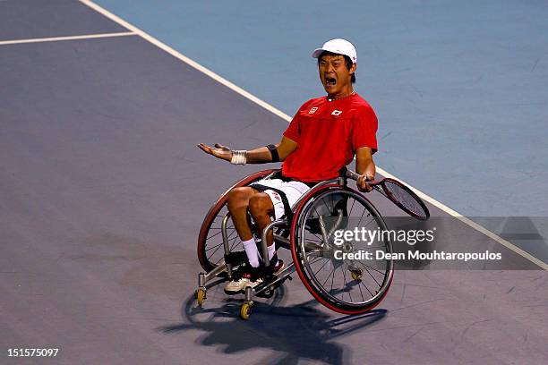 Shingo Kunieda of Japan celebrates victory over Stephane Houdet of France in the Mens Wheelchair Gold Medal match on day 10 of the London 2012...