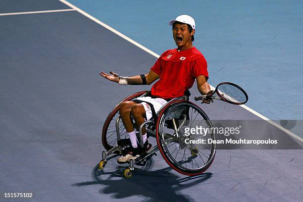 Shingo Kunieda of Japan celebrates victory over Stephane Houdet of France in the Mens Wheelchair Gold Medal match on day 10 of the London 2012...