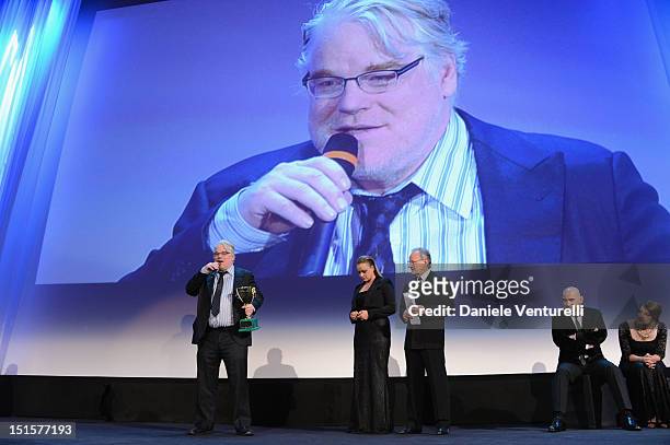 Philip Seymour Hoffman, Ursula Meier, Michael Mann,Pablo Trapero and Samantha Morton during the the Award Ceremony during the 69th Venice Film...