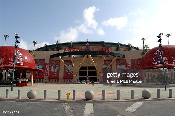 General view of the exterior of Angel Stadium is seen prior to a game between the Texas Rangers and the Los Angeles Angels of Anaheim on April 6,...