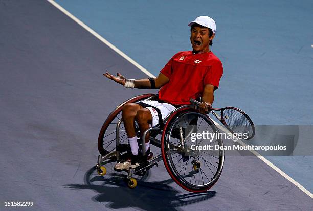 Shingo Kunieda of Japan celebrates victory over Stephane Houdet of France in the Mens Wheelchair Gold Medal match on day 10 of the London 2012...