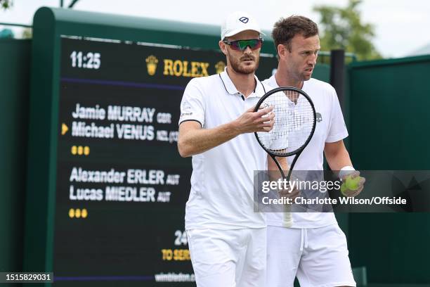 Jamie Murray and doubles partner Michael Venus during day seven of The Championships Wimbledon 2023 at All England Lawn Tennis and Croquet Club on...