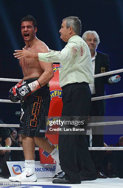 Manuel Charr of Germany reacts after referee Guido Cavalleri of Italy finished the WBC-heavy weight title fight between Vitali Klitschko of Ukraine...