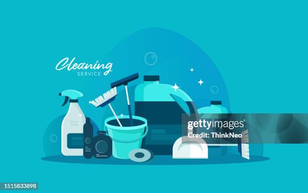 cleaning service. house cleaning services with various cleaning tools. - cleaning equipment stock illustrations