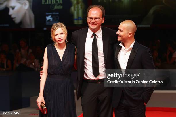 Actress Christa Theret, director Jean-Pierre Ameris and actor Marc-Andre Grondin attend the "L'Homme Qui Rit" Premiere during the 69th Venice Film...