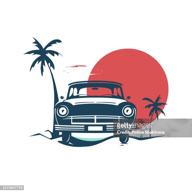 retro car on the beach. retro design with space for text. vector illustration - take a vintage summer road trip stock illustrations