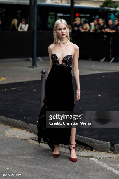 Guest is seen wearing dress outside Armani during the Haute Couture Fall/Winter 2023/2024 as part of Paris Fashion Week on July 04, 2023 in Paris,...