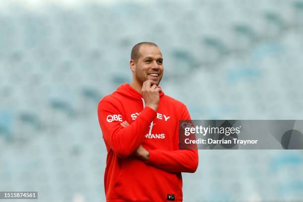 Lance Franklin of the Swans looks on during a Sydney Swans AFL training session at Melbourne Cricket Ground on July 05, 2023 in Melbourne, Australia.