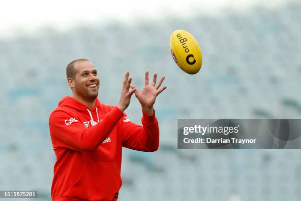 Lance Franklin of the Swans marks the ball during a Sydney Swans AFL training session at Melbourne Cricket Ground on July 05, 2023 in Melbourne,...