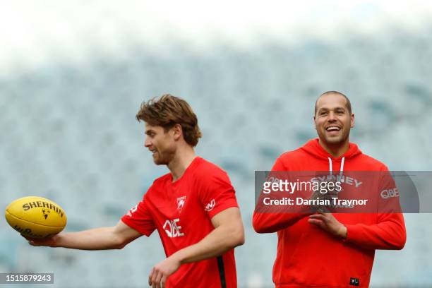 Lance Franklin of the Swans looks on during a Sydney Swans AFL training session at Melbourne Cricket Ground on July 05, 2023 in Melbourne, Australia.
