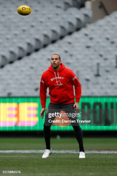 Lance Franklin of the Swans marks the ball during a Sydney Swans AFL training session at Melbourne Cricket Ground on July 05, 2023 in Melbourne,...