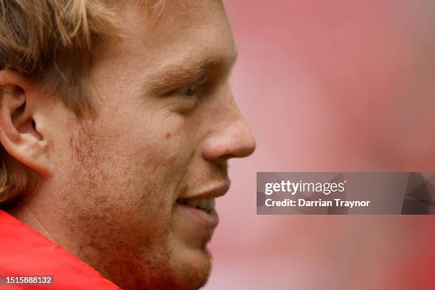 Callum Mills of the Swans during a Sydney Swans AFL training session at Melbourne Cricket Ground on July 05, 2023 in Melbourne, Australia.