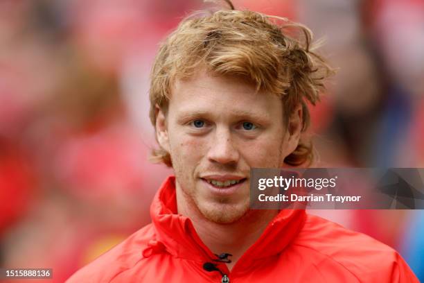 Callum Mills of the Swans during a Sydney Swans AFL training session at Melbourne Cricket Ground on July 05, 2023 in Melbourne, Australia.