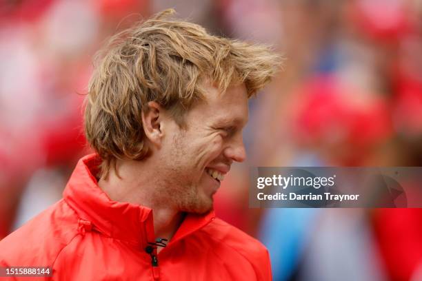 Callum Mills of the Swans during a Sydney Swans AFL training session at Melbourne Cricket Ground on July 05, 2023 in Melbourne, Australia.