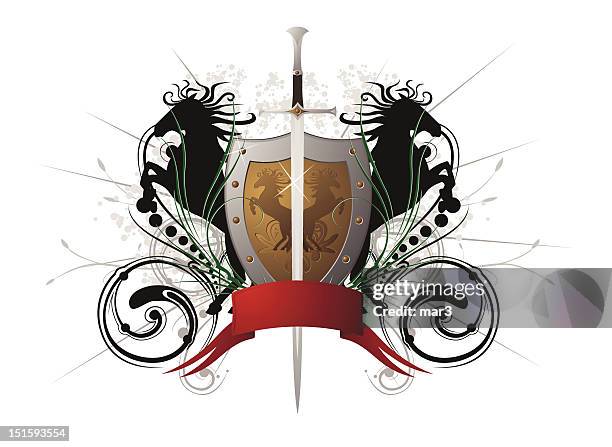 ilustraciones, imágenes clip art, dibujos animados e iconos de stock de medieval shield - sword