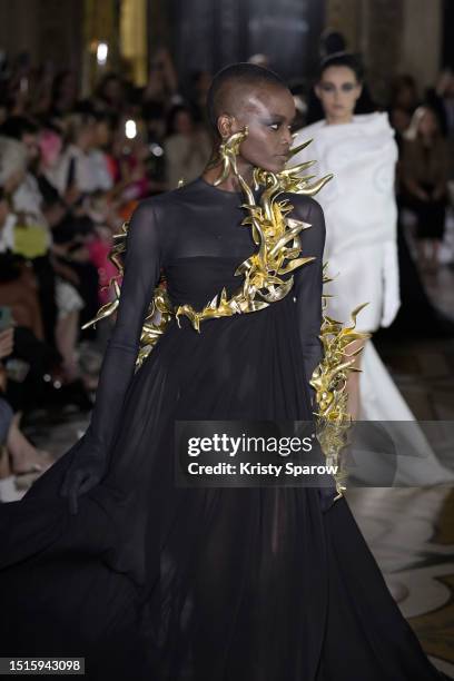 Model walks the runway during the Stéphane Rolland Haute Couture Fall/Winter 2023/2024 show as part of Paris Fashion Week at Opera Garnier on July...