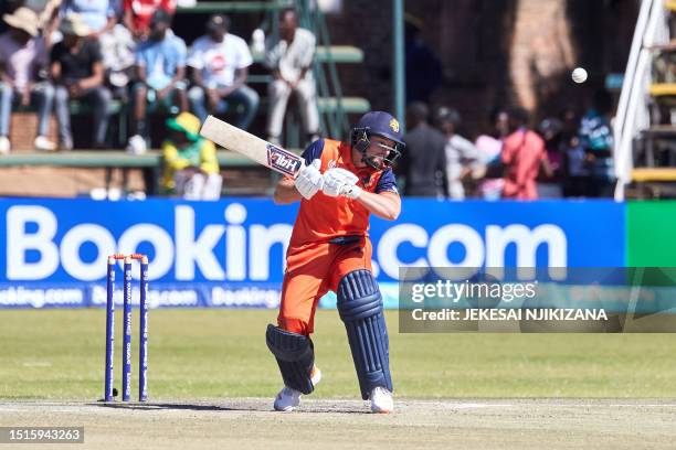 Netherlands Wesley Barresi plays a shot during the ICC Men's Cricket World Cup Qualifier Zimbabwe 2023 final match between Sri Lanka and Netherlands...