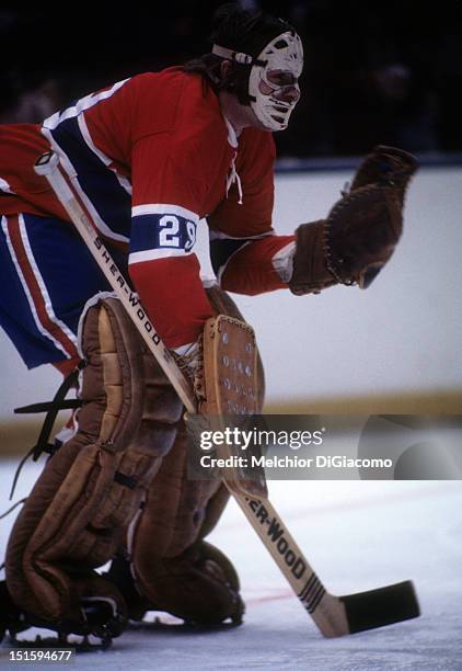 Goalie Ken Dryden of the Montreal Canadiens defends the net during an NHL game circa 1974.