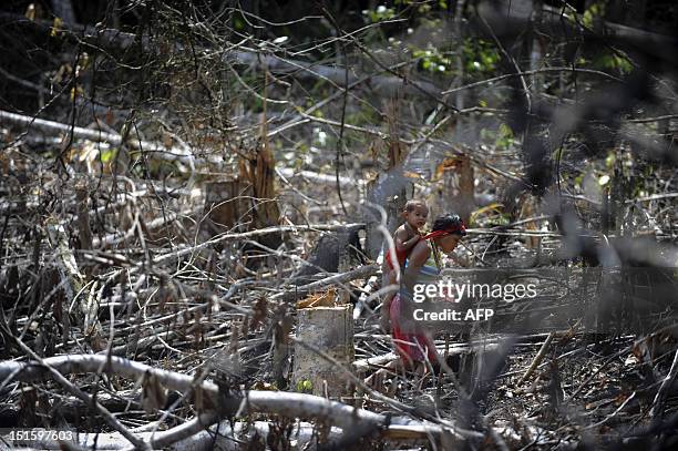 Yanomami woman walks with her child on her back at Irotatheri community, in Amazonas state, southern Venezuela, 19 km away from the border with...