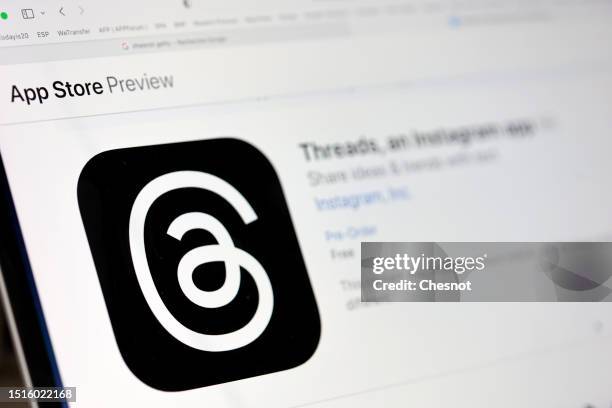 In this photo illustration, the logo of the social media application Threads is displayed on Apple store on July 05, 2023 in Paris, France. Mark...