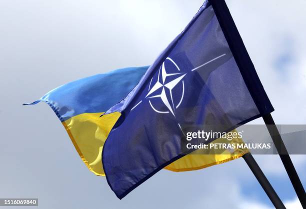 The NATO and Ukrainian flag are pictured in Vilnius, Lithuania on July 9 a few days ahead of a July 11-12 NATO Summit.