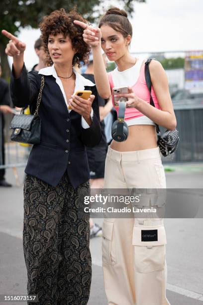 Models, fashion details, are seen outside Chanel, during the Haute Couture Fall/Winter 2023/2024 as part of Paris Fashion Week on July 04, 2023 in...