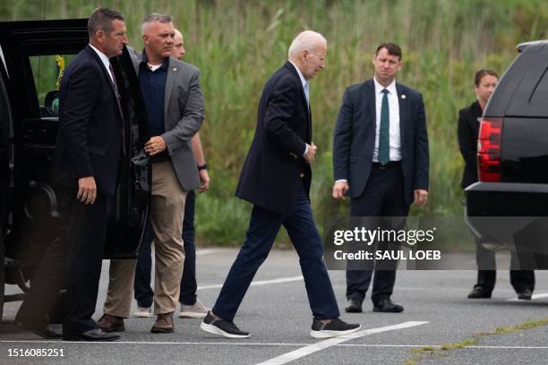 President Joe Biden walks to board Marine One at Gordons Pond State Park in Rehoboth Beach, Delaware, on July 9 as he departs for Dover Air Force...