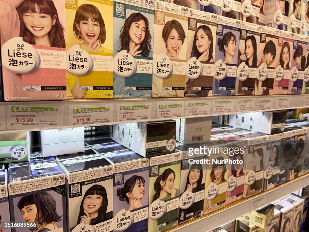 Boxes of hair color displayed at a Chinese shop specializing in skincare and beauty products in Markham, Ontario, Canada, on June 24, 2023.
