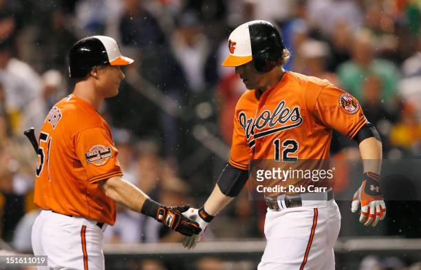 Lew Ford congratulates teammate Mark Reynolds of the Baltimore Orioles after Reynolds hit a solo home run against the New York Yankees during the...