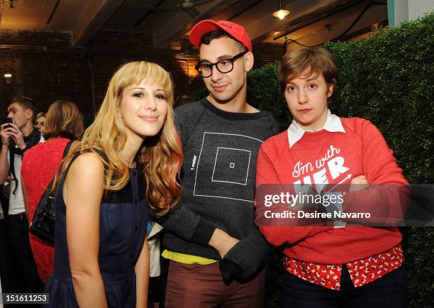 Designer Rachel Antonoff poses with her brother Jack Antonoff and Lena Dunham at the Rachel Antonoff Spring 2013 presentation at the Drive In Studios...