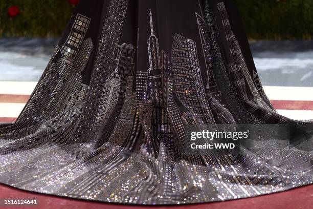 Close-up of Alicia Keys New York Skyline embellished cape designed by Ralph Lauren at the 2022 Met Gala celebrating In America: An Anthology of...