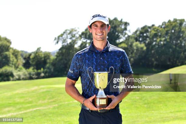 Matteo Manassero of Italy poses with Italian Challenge Open trophy after the Day Four of the Italian Challenge Open at Golf Nazionale on July 9, 2023...