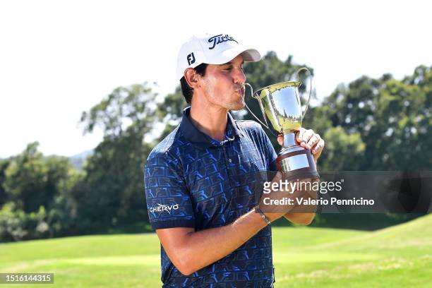 Matteo Manassero of Italy poses with Italian Challenge Open trophy after the Day Four of the Italian Challenge Open at Golf Nazionale on July 9, 2023...