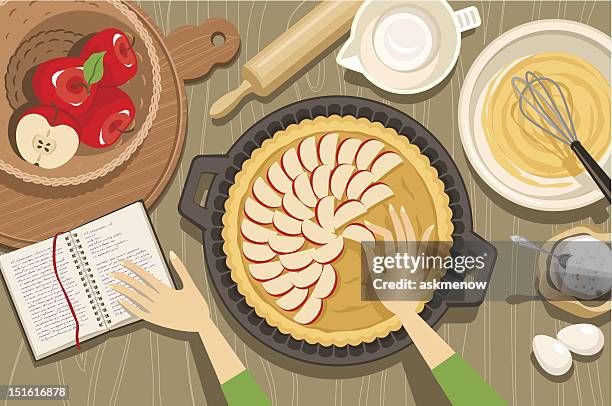 stockillustraties, clipart, cartoons en iconen met overview illustration of hands baking an apple pie - apple pie