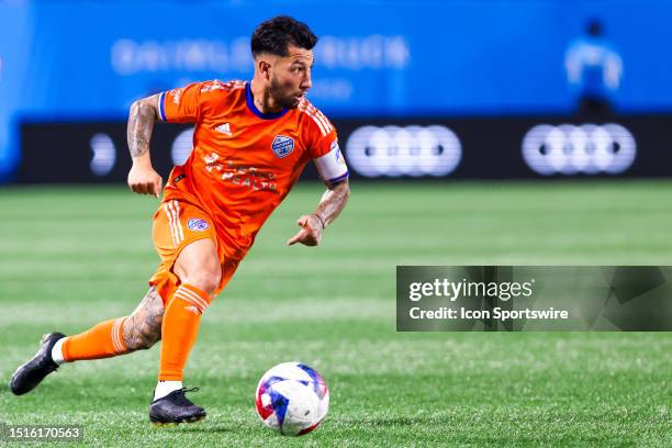 Luciano Acosta of FC Cincinnati controls the ball during a soccer match against the Charlotte FC on July 8, 2023 at Bank of America Stadium in...