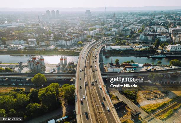 highway and aerial view to mannheim, germany - ludwigshafen stockfoto's en -beelden