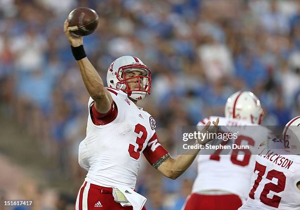 Quarterback Taylor Martinez of the Nebraska Cornhuskers throws a pass against the UCLA Bruins at the Rose Bowl on September 8, 2012 in Pasadena,...