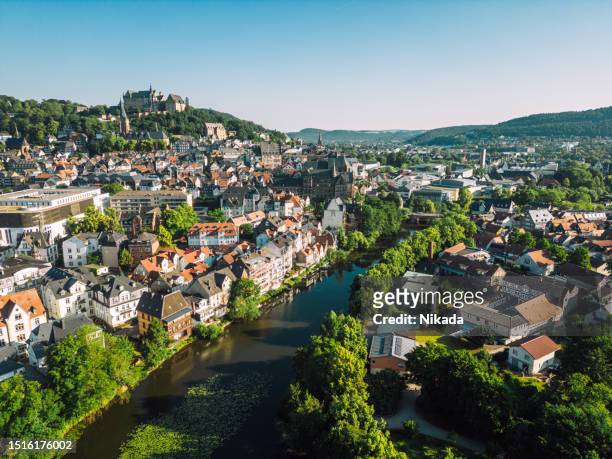 beautiful summer aerial view of marburg, germany - marburg germany stock pictures, royalty-free photos & images