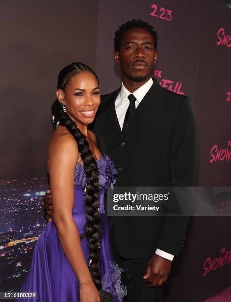 Angela Lewis and Damson Idris at the premiere of 'Snowfall' Season 5 held at Grandmaster Recorders on February 17, 2022 in Los Angeles, California.