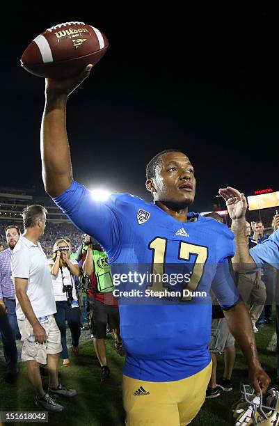 Quarterback Brett Hundley of the UCLA Bruins celebrates as he leaves the field after the game against the Nebraska Cornhuskers at the Rose Bowl on...