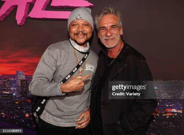 De'Aundre Bonds and Alon Moni Aboutboul at the premiere of 'Snowfall' Season 5 held at Grandmaster Recorders on February 17, 2022 in Los Angeles,...