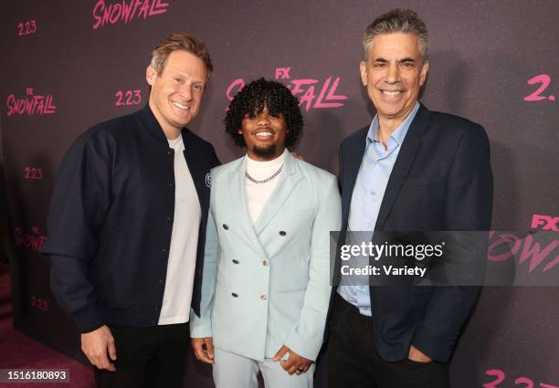 Trevor Engelson, Isaiah John, and Michael London at the premiere of 'Snowfall' Season 5 held at Grandmaster Recorders on February 17, 2022 in Los...