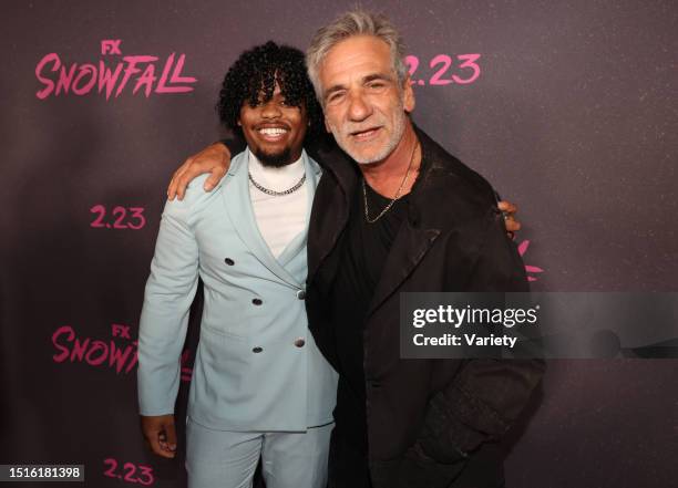 Isaiah John and Alon Moni Aboutboul at the premiere of 'Snowfall' Season 5 held at Grandmaster Recorders on February 17, 2022 in Los Angeles,...
