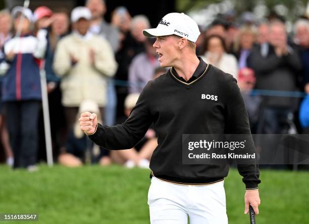 Daniel Hillier of New Zealand celebrates on the 18th green during Day Four of the Betfred British Masters hosted by Sir Nick Faldo 2023 at The Belfry...