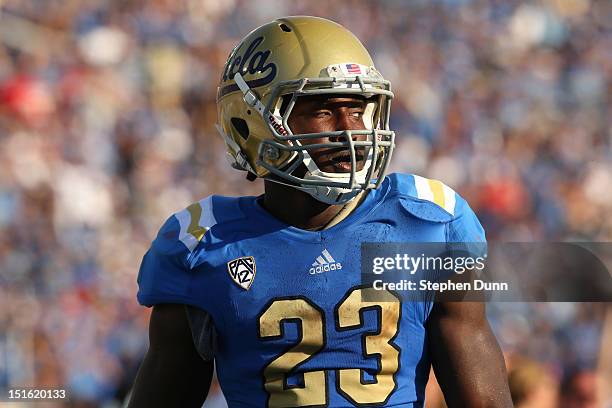 Running back Johnathan Franklin of the UCLA Bruins looks on during the game against the Nebraska Cornhuskers at the Rose Bowl on September 8, 2012 in...