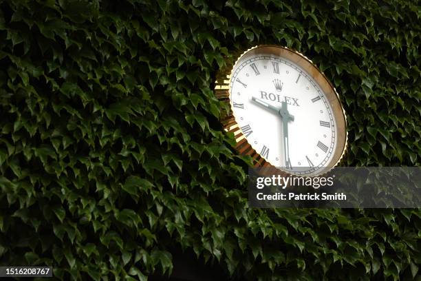 General view of a clock during day three of The Championships Wimbledon 2023 at All England Lawn Tennis and Croquet Club on July 05, 2023 in London,...