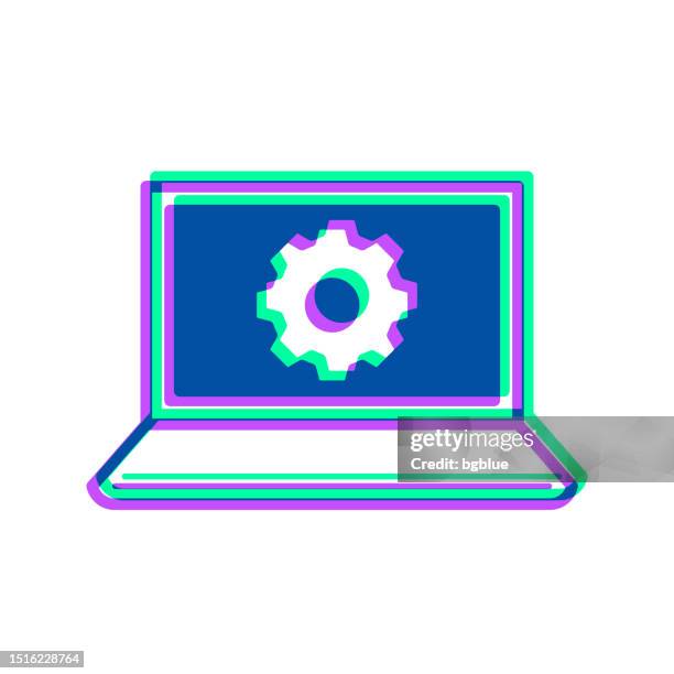 laptop settings - gears. icon with two color overlay on white background - working on two computers stock illustrations