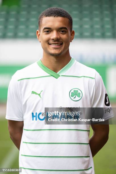 Maximilian-Solomon Dietz of SpVgg Greuther Fürth poses during the team presentation at Sportpark Ronhof Thomas Sommer on July 04, 2023 in Fuerth,...