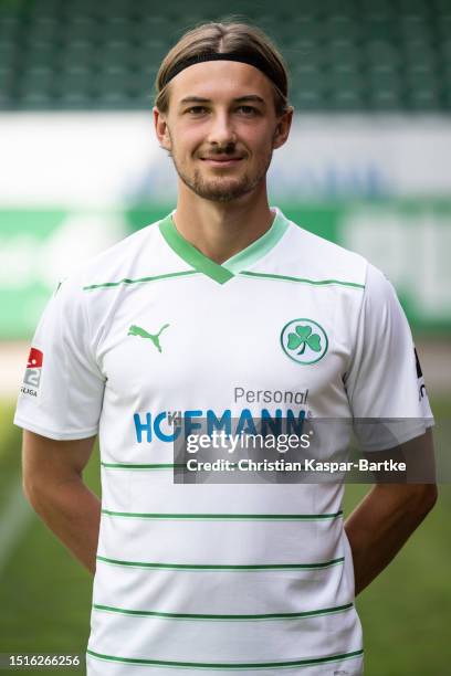 Lukas Petkov of SpVgg Greuther Fürth poses during the team presentation at Sportpark Ronhof Thomas Sommer on July 04, 2023 in Fuerth, Germany.
