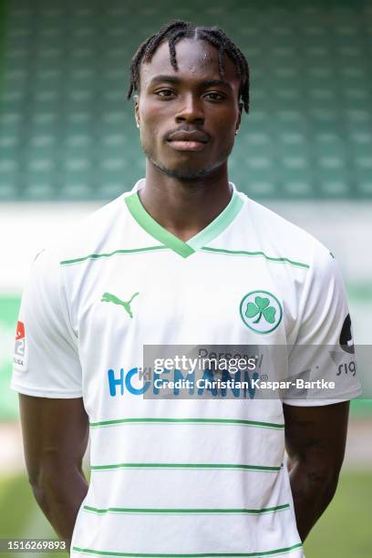 Dickson Abiama of SpVgg Greuther Fürth poses during the team presentation at Sportpark Ronhof Thomas Sommer on July 04, 2023 in Fuerth, Germany.